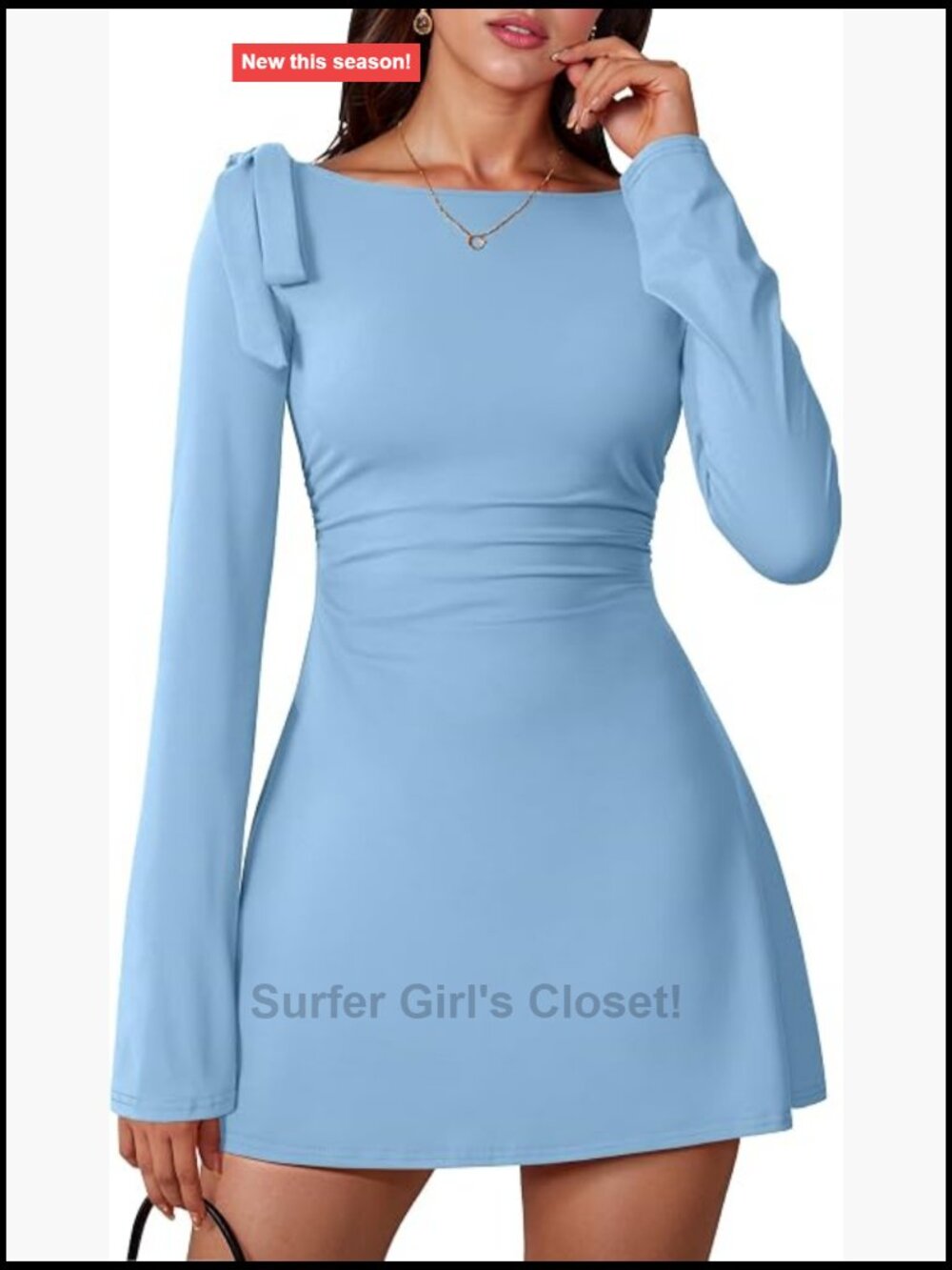 Long Sleeve Boat Neck Bow Tie Graduation Mini Dress with Ruched Waist